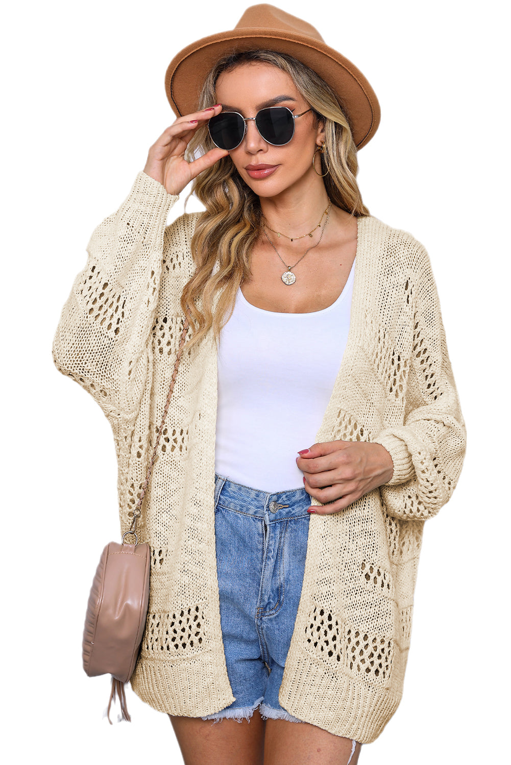 Women's Cardigan Featuring Apricot Everyday Hollowed Knitted Dolman Sleeve