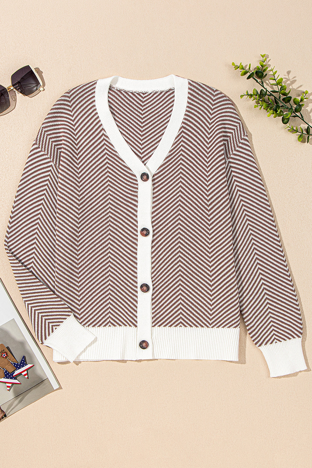 Button-Front V-Neck Stripe V-Neck Herringbone Cardigan in Brown