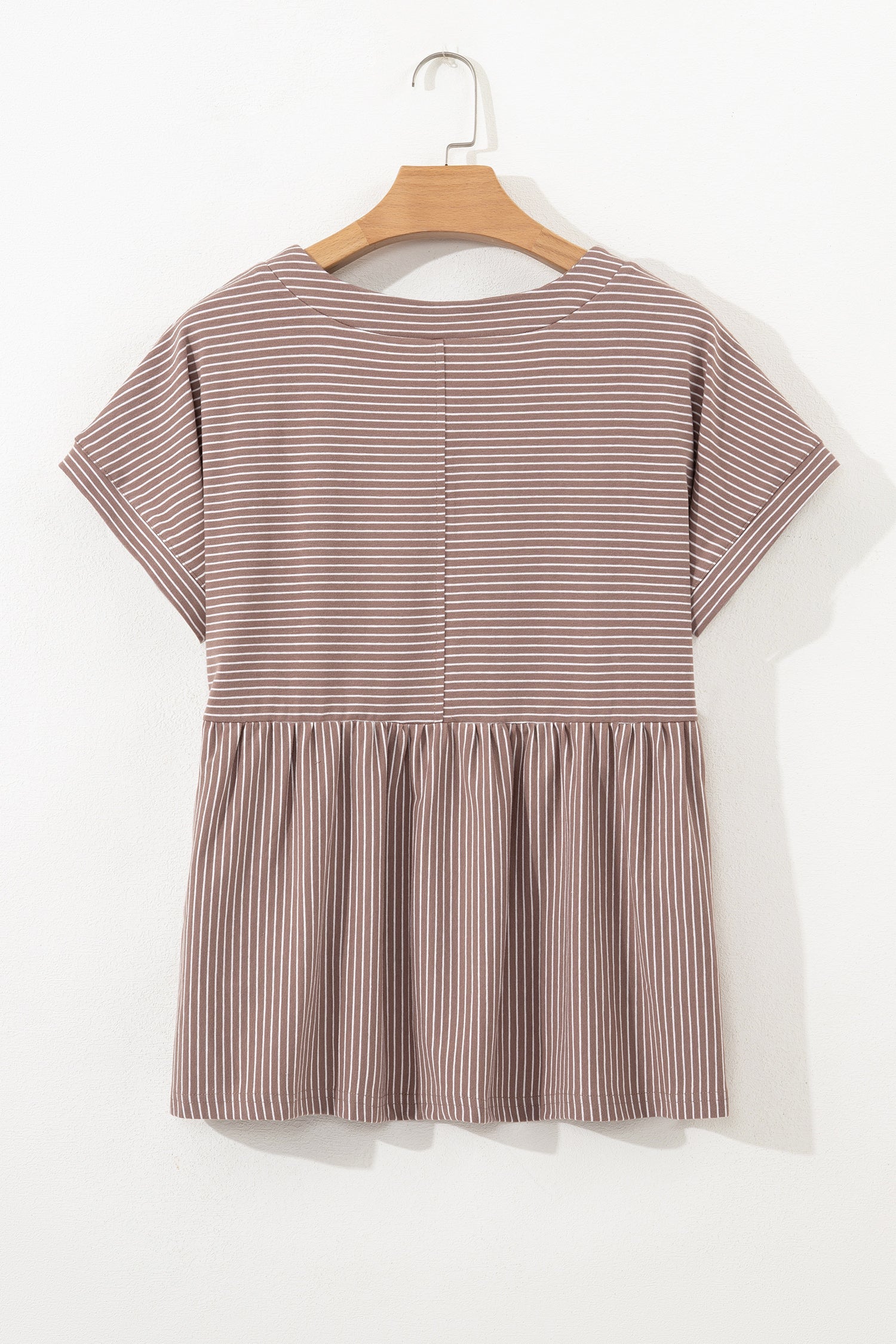 Stripe Button-Front V-Neck High Low Side Slit T Shirt in Khaki