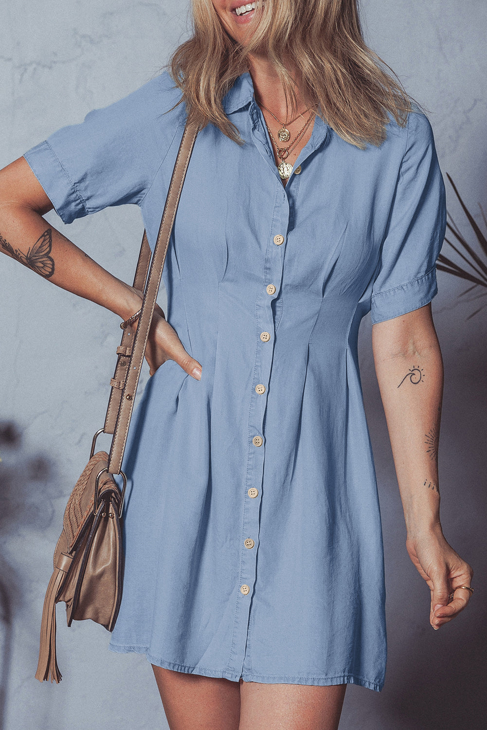 Denim Pleated Slim Waist Short Sleeve Shirt Dress