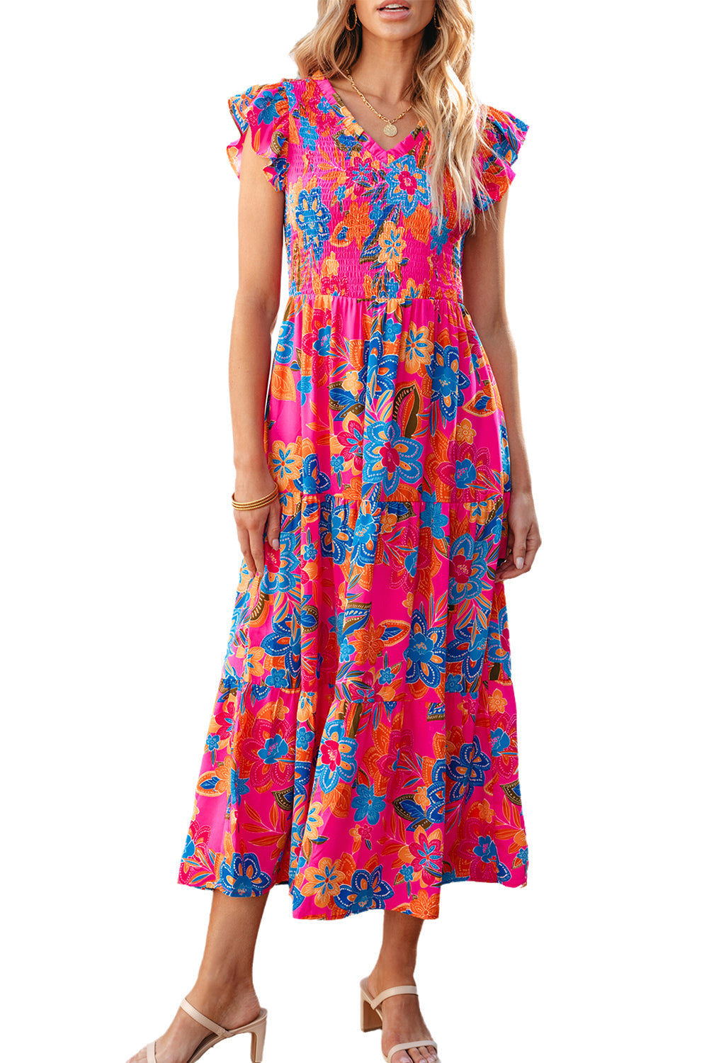 Robe longue bohème florale à volants et col en V