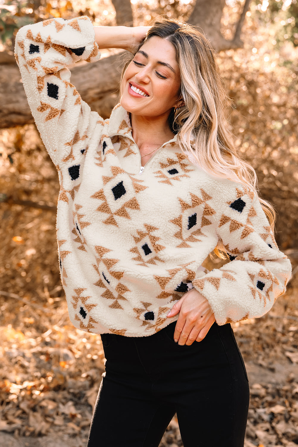 Aztec Print Sherpa Quarter Zip Collar Sweatshirt