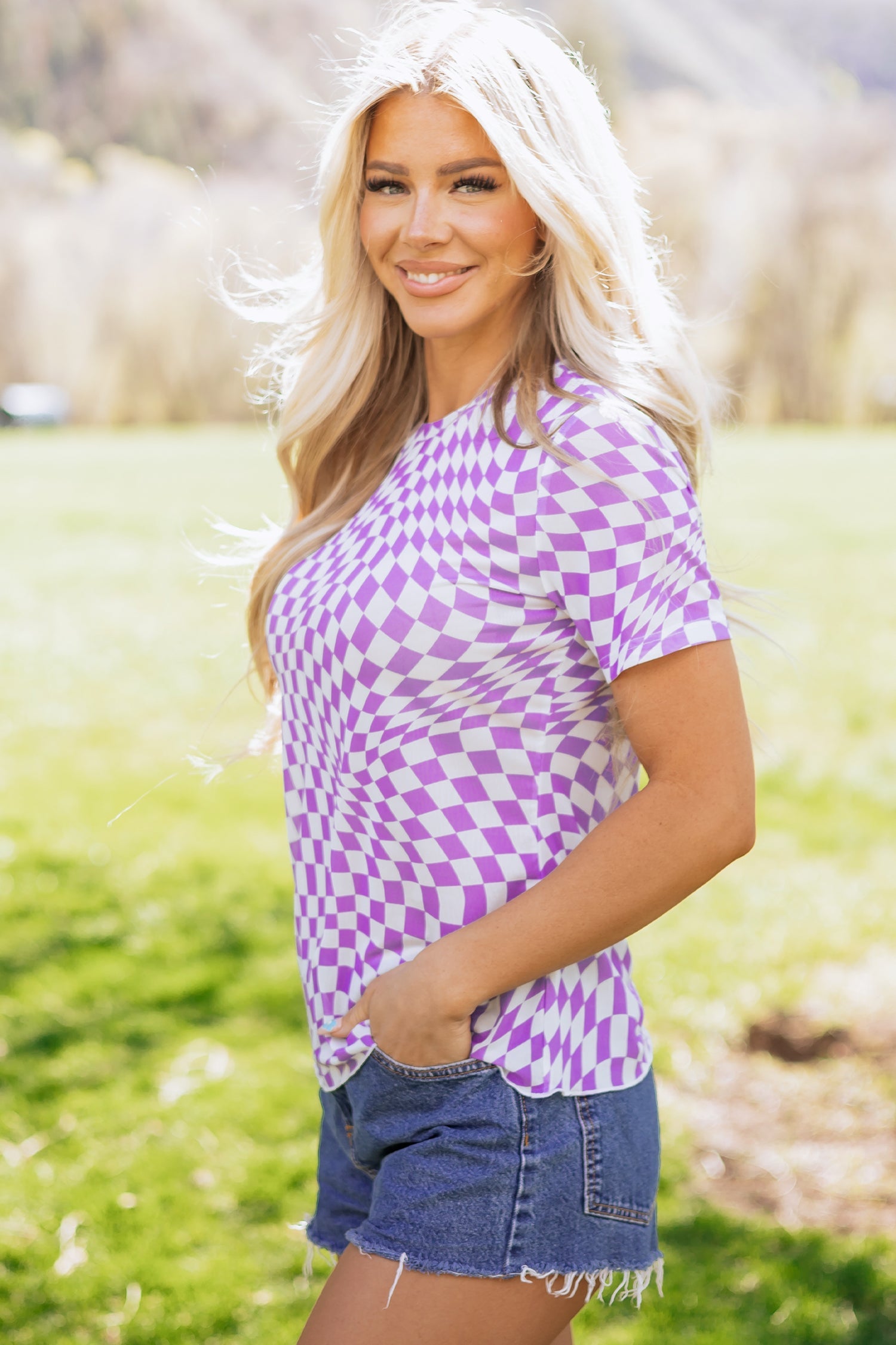 Print Crew-Neck Checkered Crew-Neck Mesh T Shirt