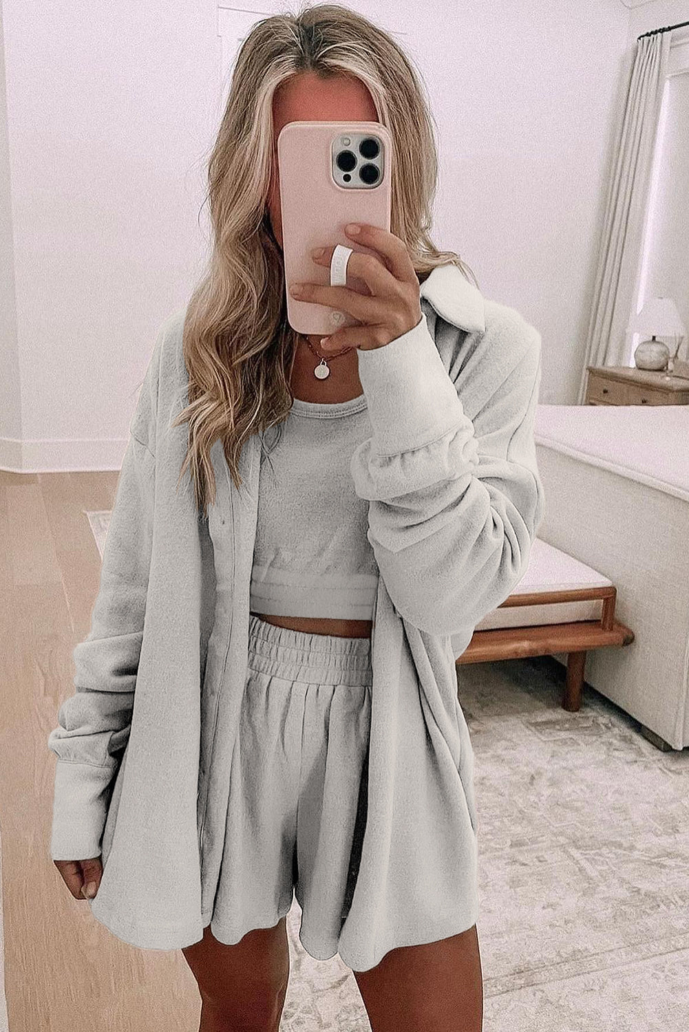 Pcs Crop 3 Crop Tank Top Shorts with Cardigan Lounge Set in Gray