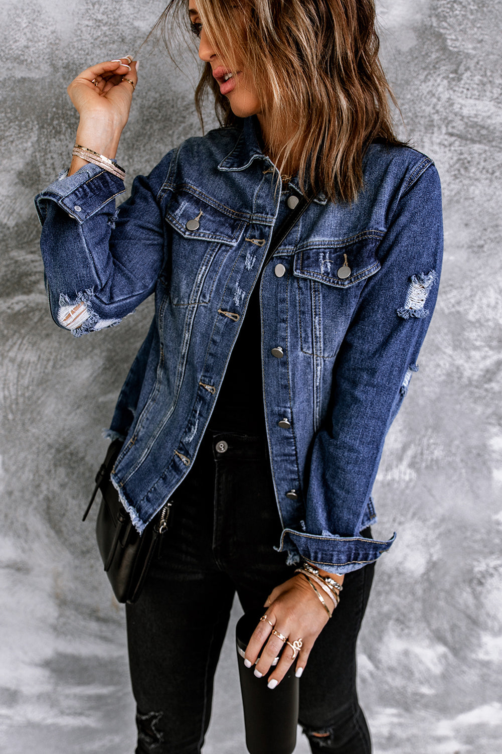 Women's Denim Jacket with Lapel Distressed Raw