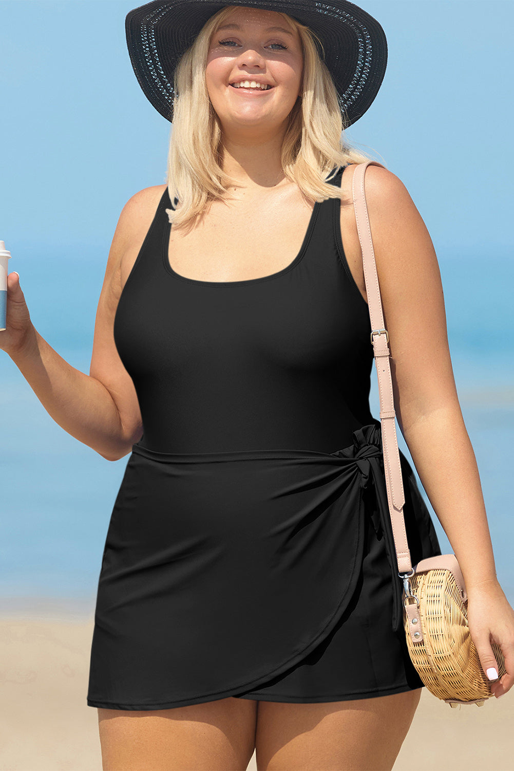Black Square Neck Knotted Plus Size One Piece Swimsuit