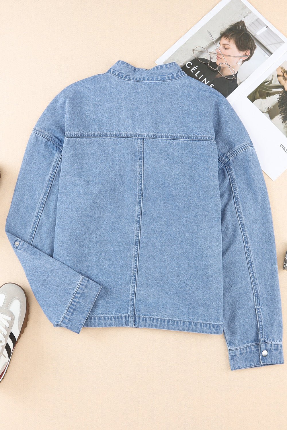 Denim Jacket for Women Roll-Up Tab Sleeve Button Down Pocket
