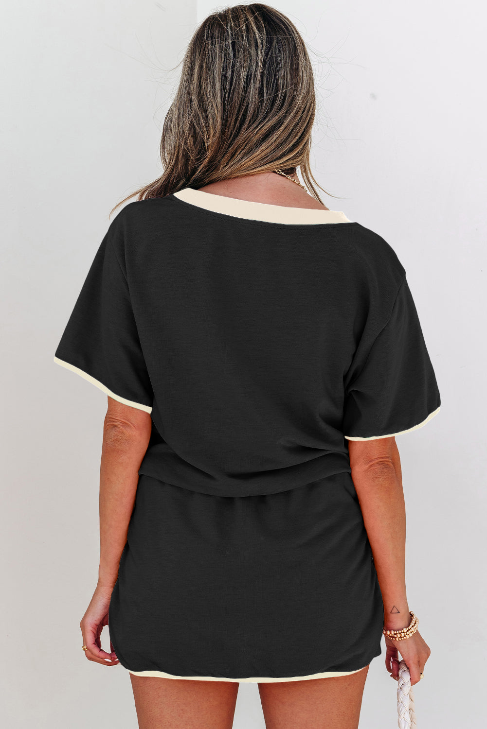 Colorblock Edge Drop-Shoulder T Shirt and Skort 2-Piece Outfit in Black