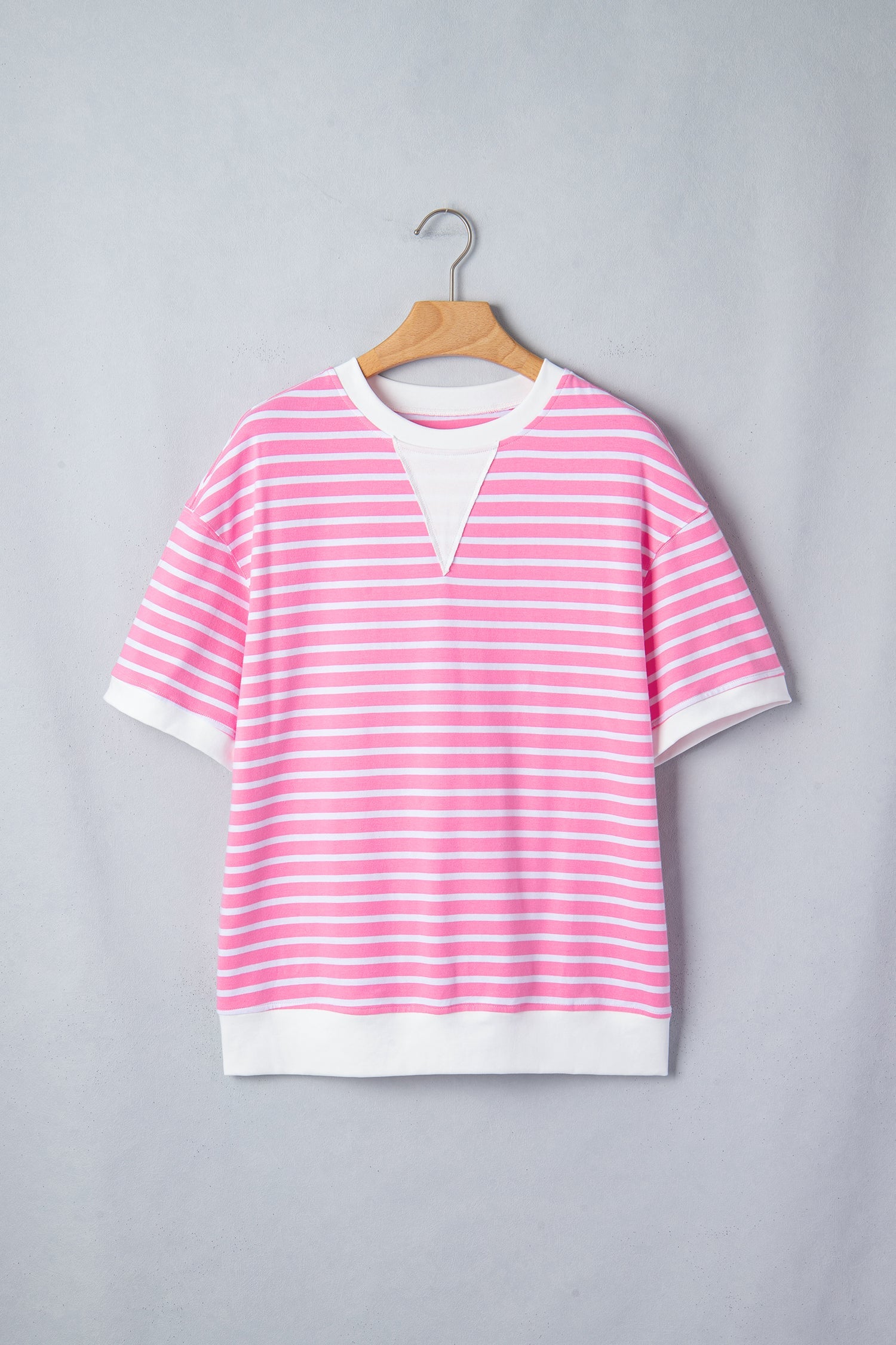 Round-Neck Short-Sleeved Stripe Short-Sleeved Loose Top in Pink