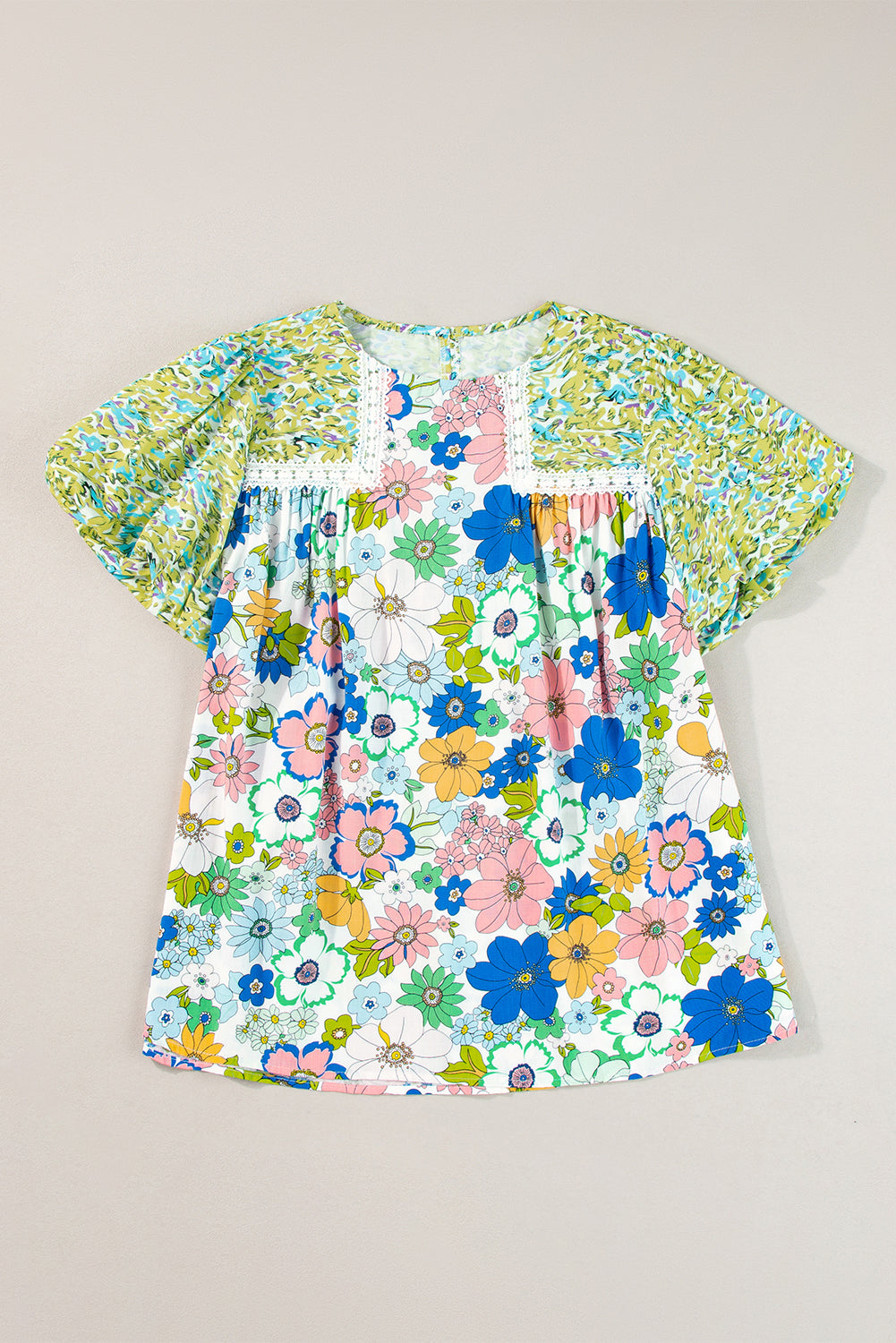 Women's Blouse with Lace-Trimmed Trim Floral-Print Mixed Print Bubble Sleeve