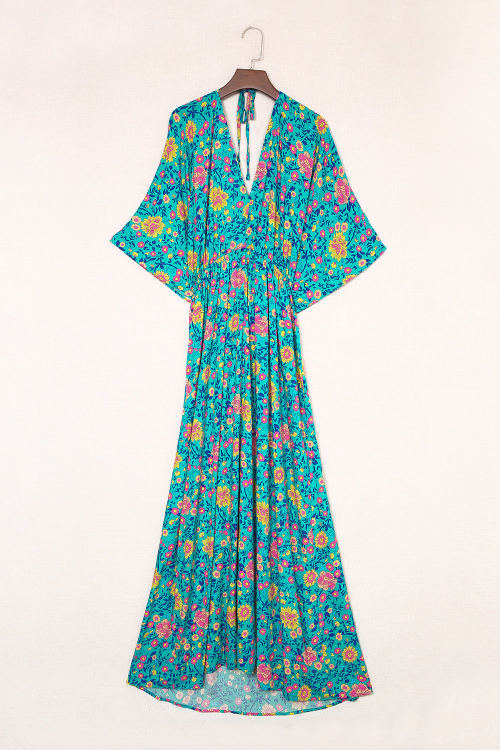 Robe longue florale style Boho vert à col en V profond