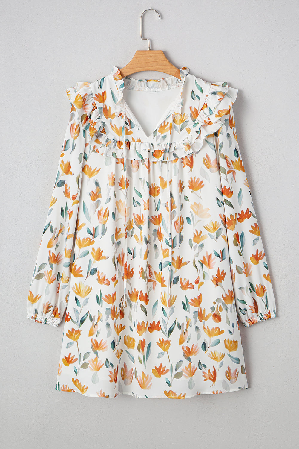 Floral-Print Frilled Tie Neck Detail Long-Sleeved Mini Dress