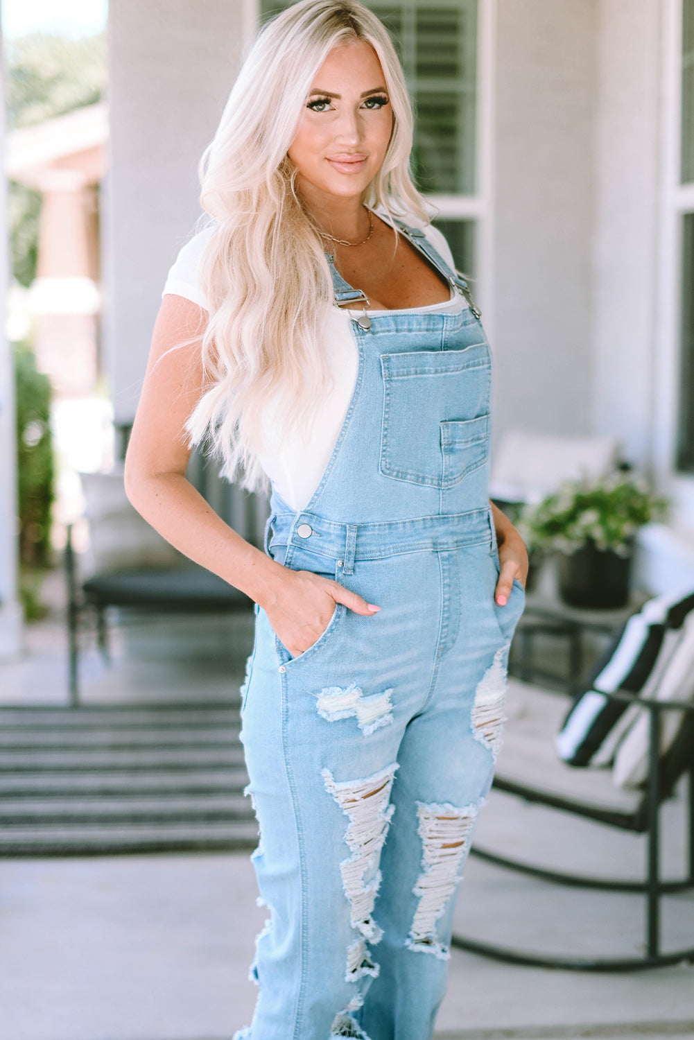 Women's Overalls Featuring Constructed Bib Pocket Distressed Denim
