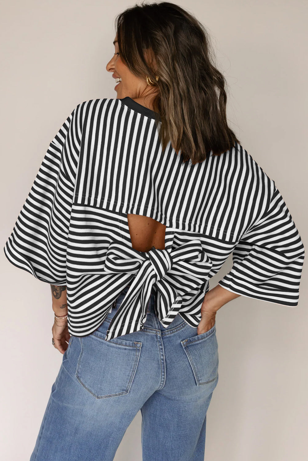 Cutout Back Bowknot Back Drop-Shoulder Wide Bracelet Sleeve Loose Tee