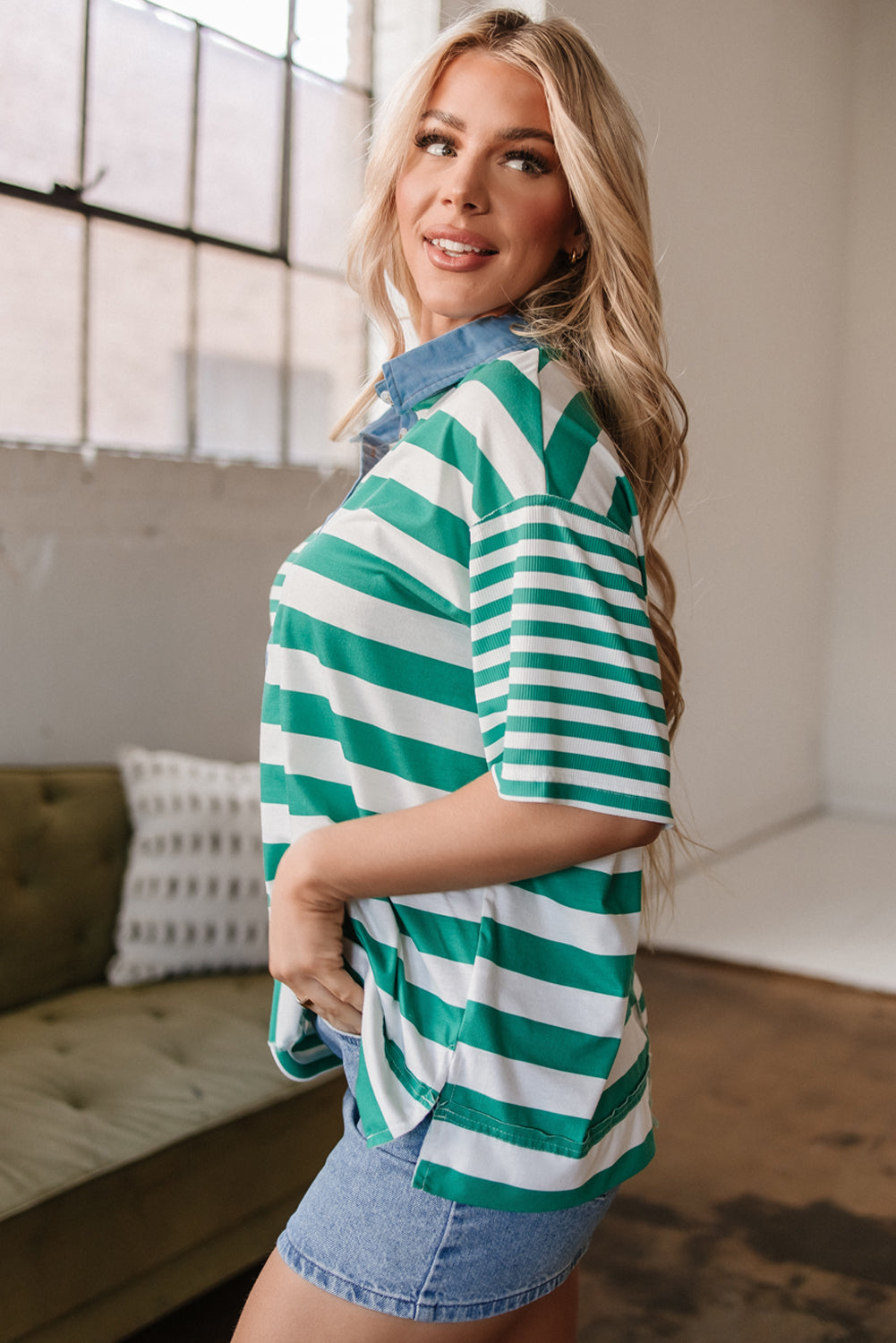 Green Stripe Collar Half Buttons T Shirt
