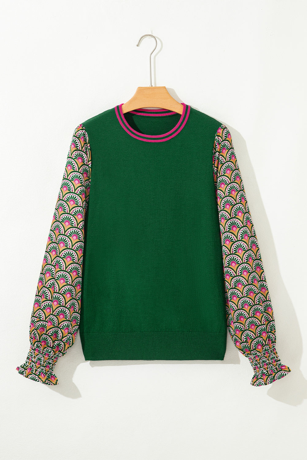 Floral Cuff Patchwork Shirred Puff Sleeve Knit Top