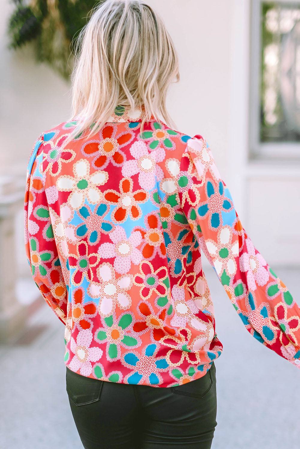 Women's Shirt with Floral-Print Print Bubble Sleeve