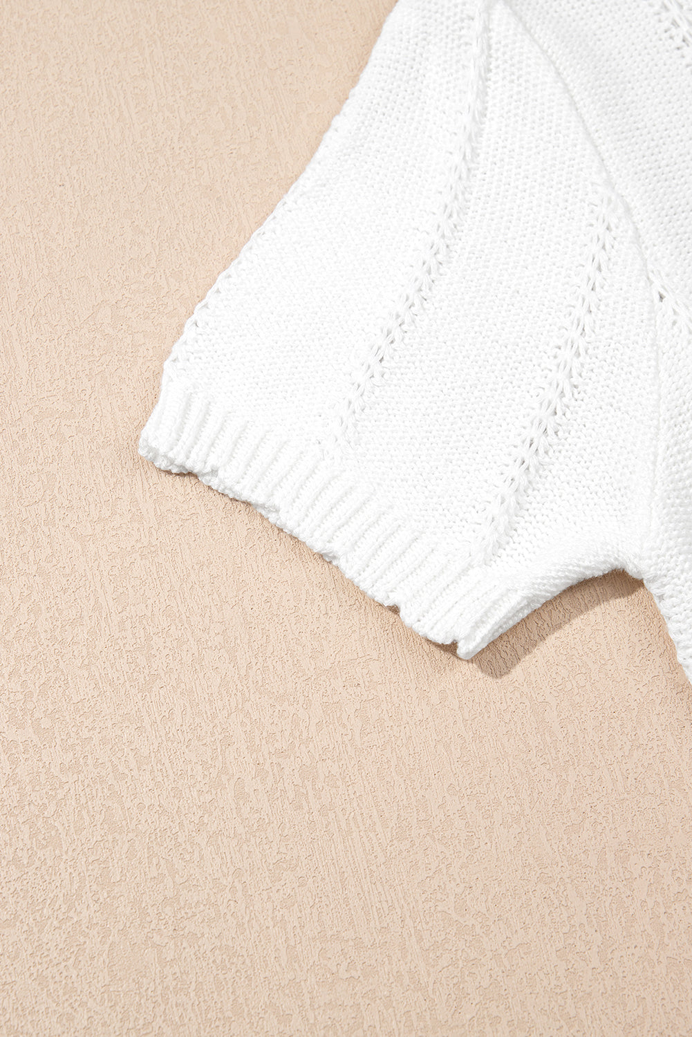 White Pointelle Knit Short Sleeve Crewneck Sweater