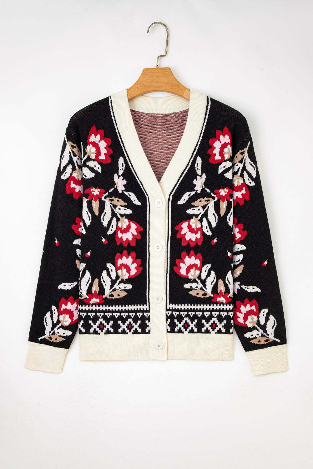 Floral-Print Knit Button-Front V-Neck Cardigan in Black