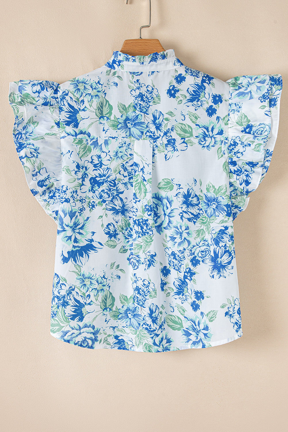 Blue Floral Print Ruffle Sleeve Frilly Button Up Shirt