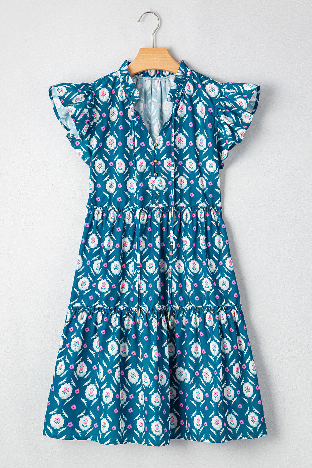 Retro Floral Print Split Neck Ruffle Short Sleeve Dress