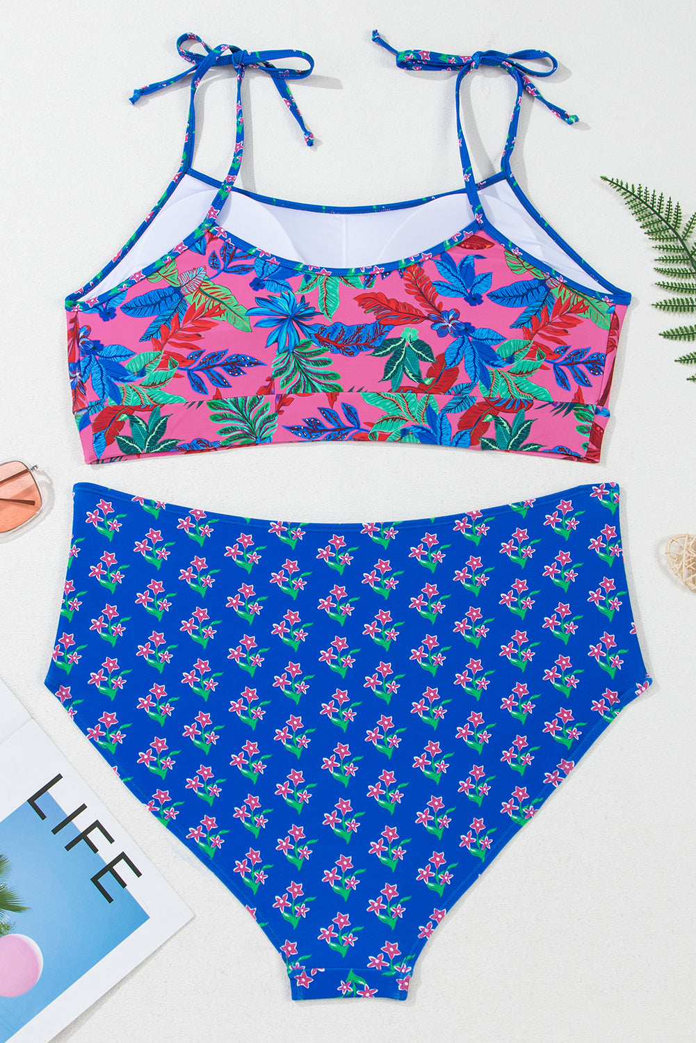 Fashion Print Tied Straps Crop Vest and High Waist Plus Size Bikini