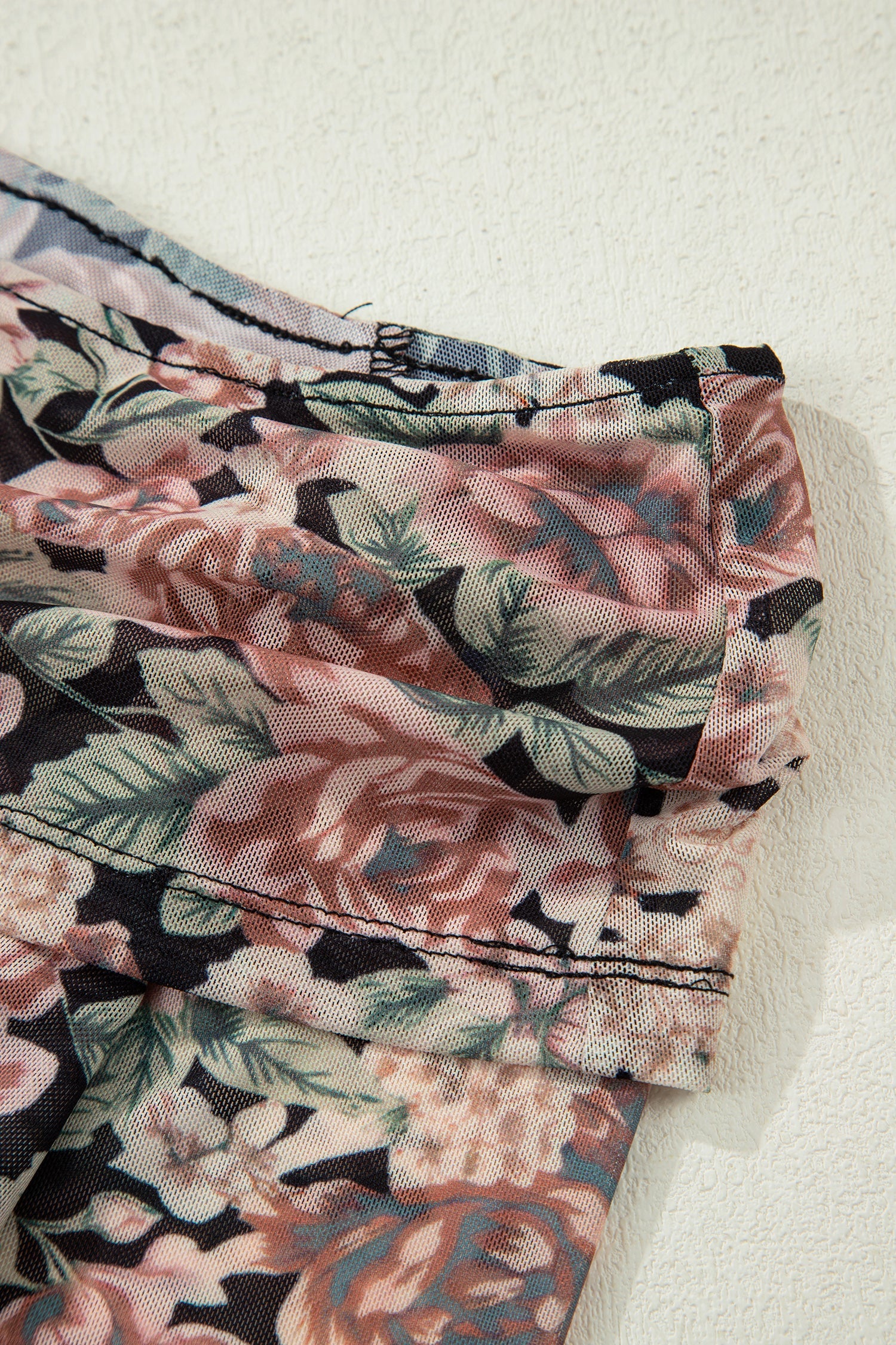 Floral-Print Foldover Mesh Long-Sleeved Off Shoulder Top