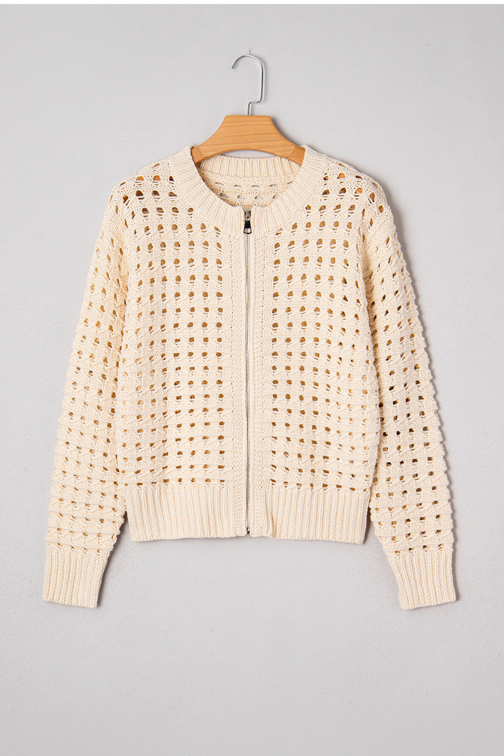 Hollowed Zip-Front Pattern Knit Drop-Shoulder Cardigan Knit Top