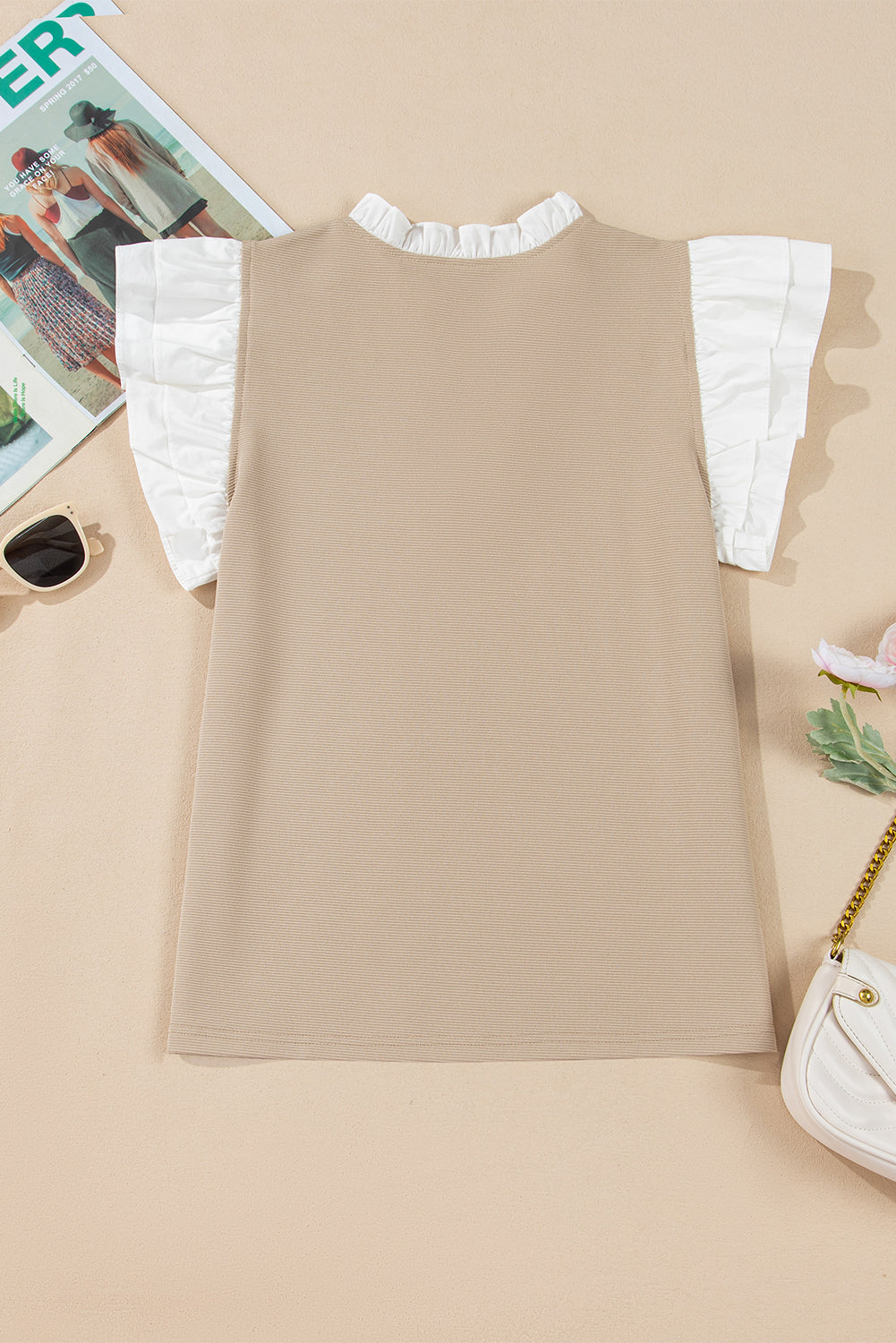 Contrast V Neck Ruffled Textured Knit Top