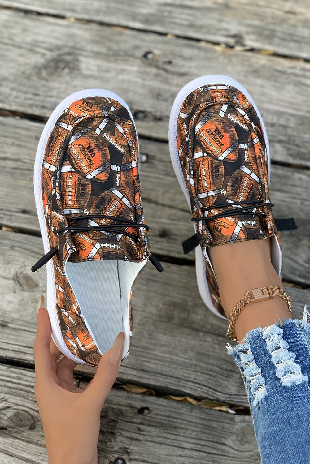 Rugby Lace Allover Print Up Detail Slip On Flat Shoes