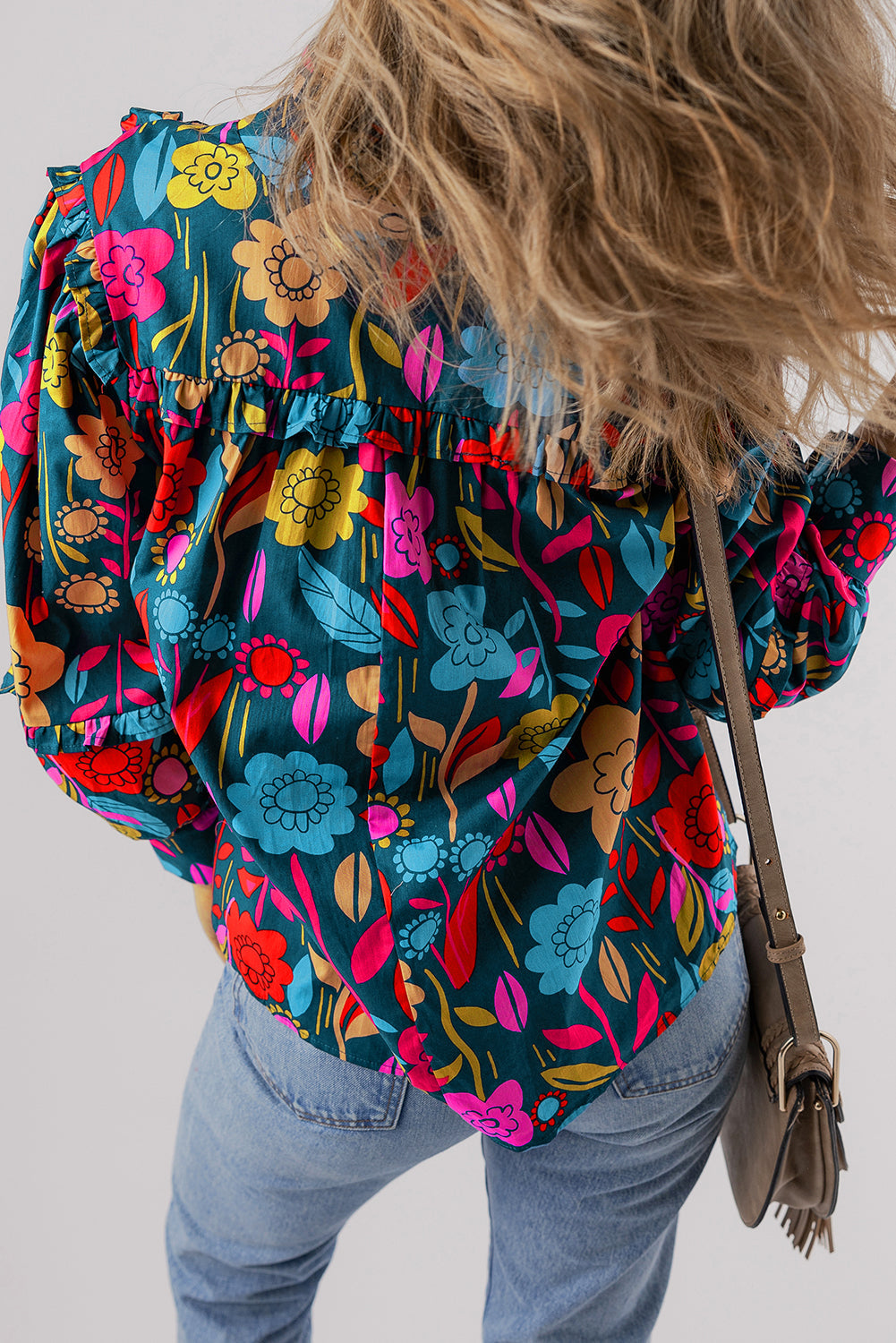 Women's Blouse Featuring Knot-Detail Split Neck Balloon Sleeve Floral-Print