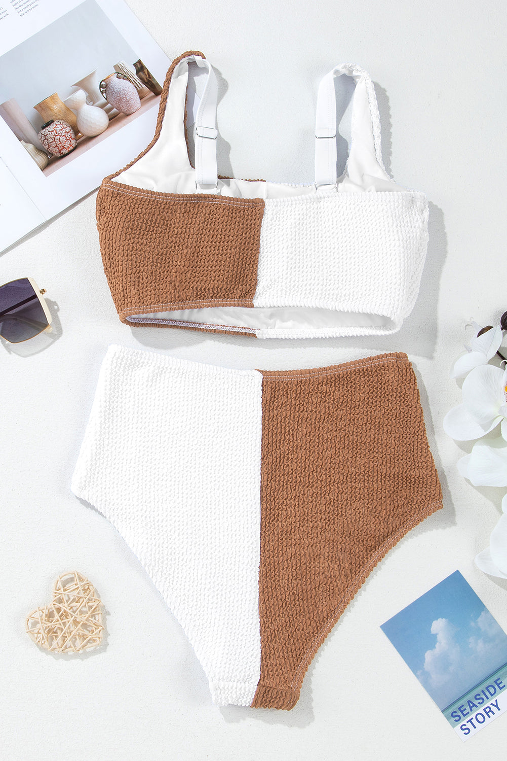 Corded Neck Colorblock Square Bikini Swimsuit in White