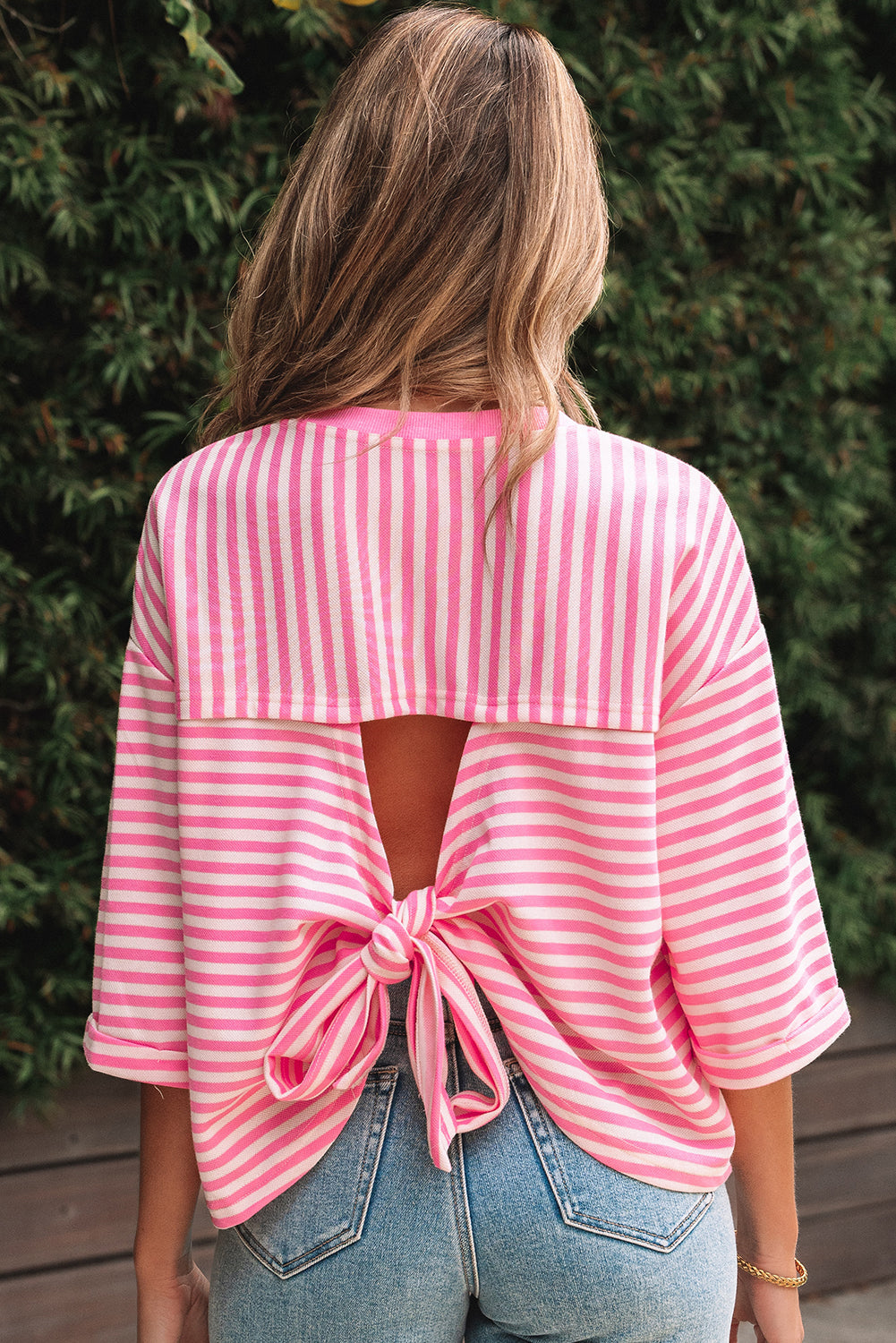 Back Bowknot Cutout Drop-Shoulder Wide Bracelet Sleeve Loose Tee