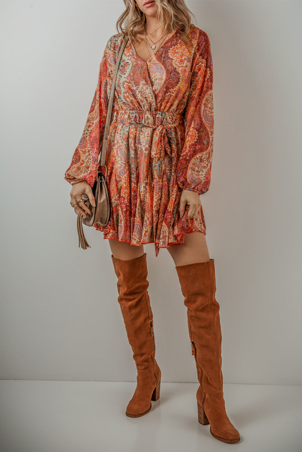 Women's Bohemian Pleat-Detail Belted Mini Dress