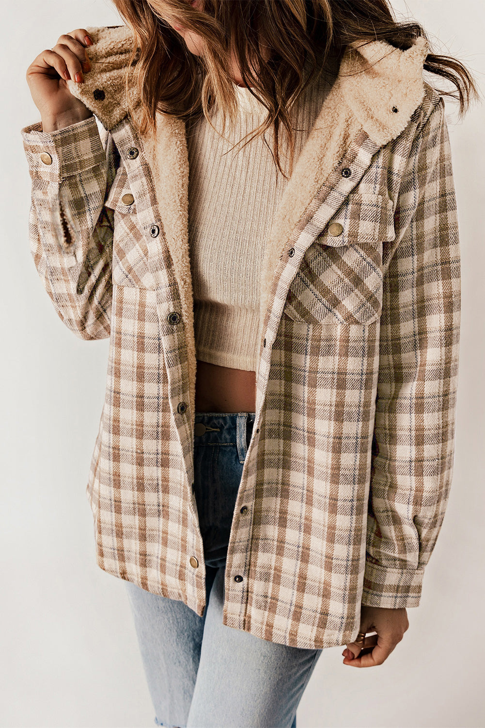 Women's Shacket Featuring Sherpa Lined Hooded Plaid Pattern