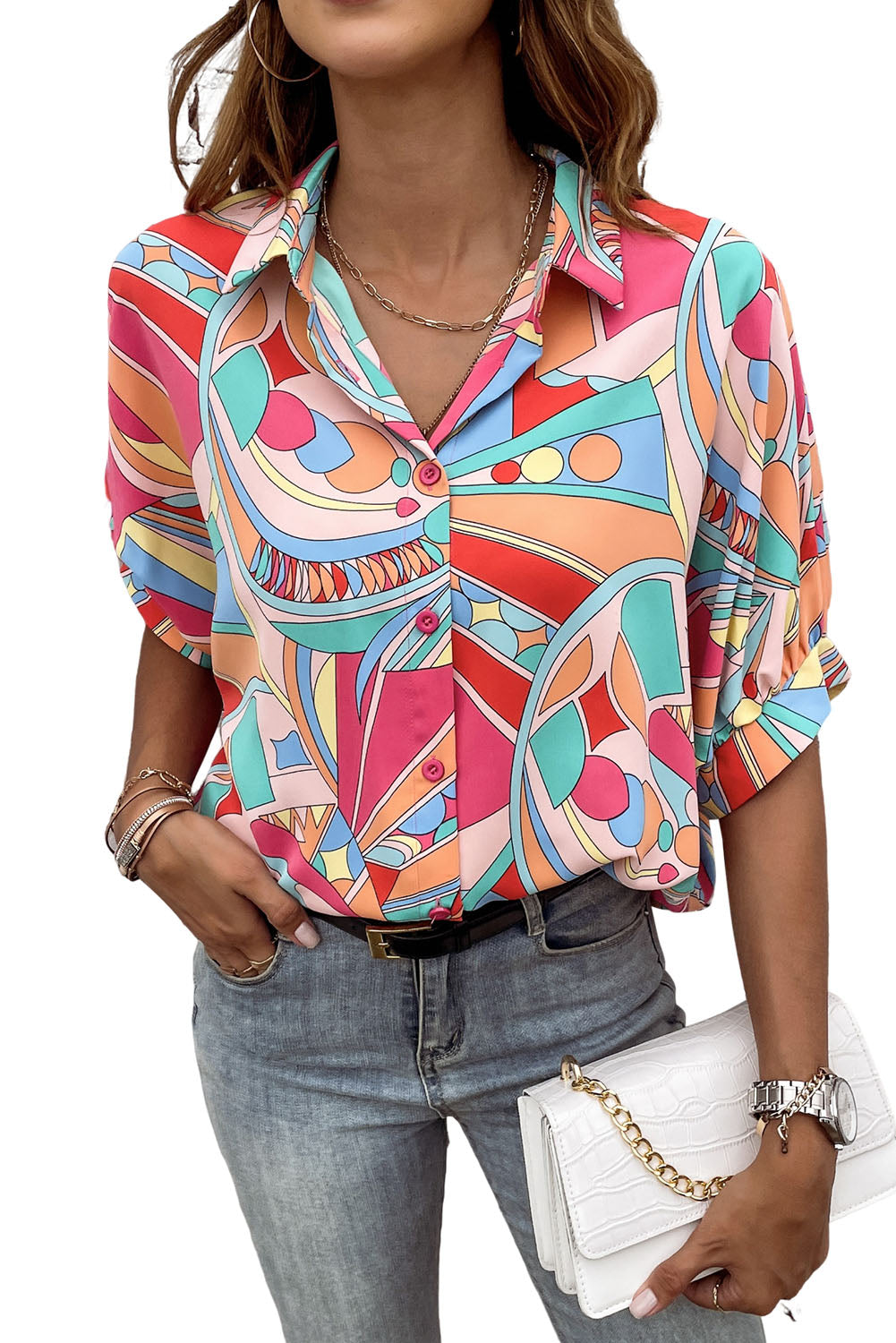 Women's Shirt Featuring Loose Abstract Half Balloon Sleeve