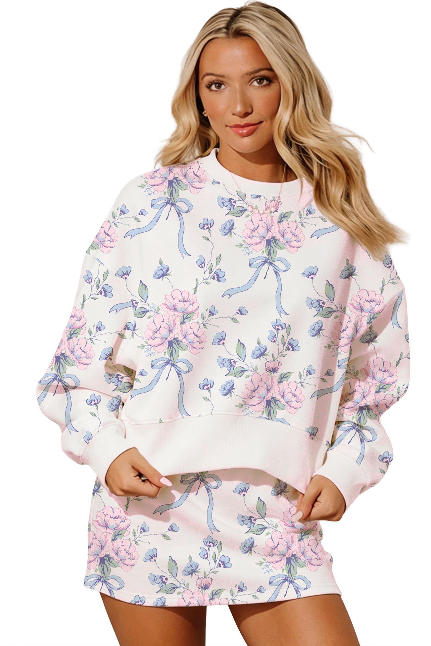 Floral-Print Waist Top Elastic Skort 2-Piece Dress Set in White