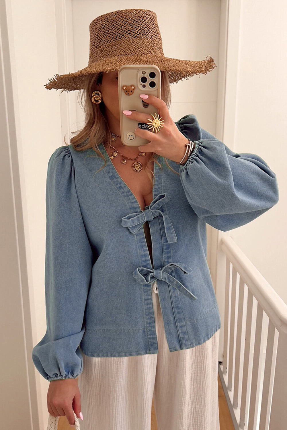 Tied Puff Front Long Sleeve Denim Top
