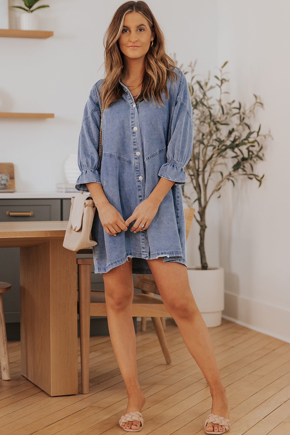 Women's Button-Front Long-Sleeve Denim Mini Dress