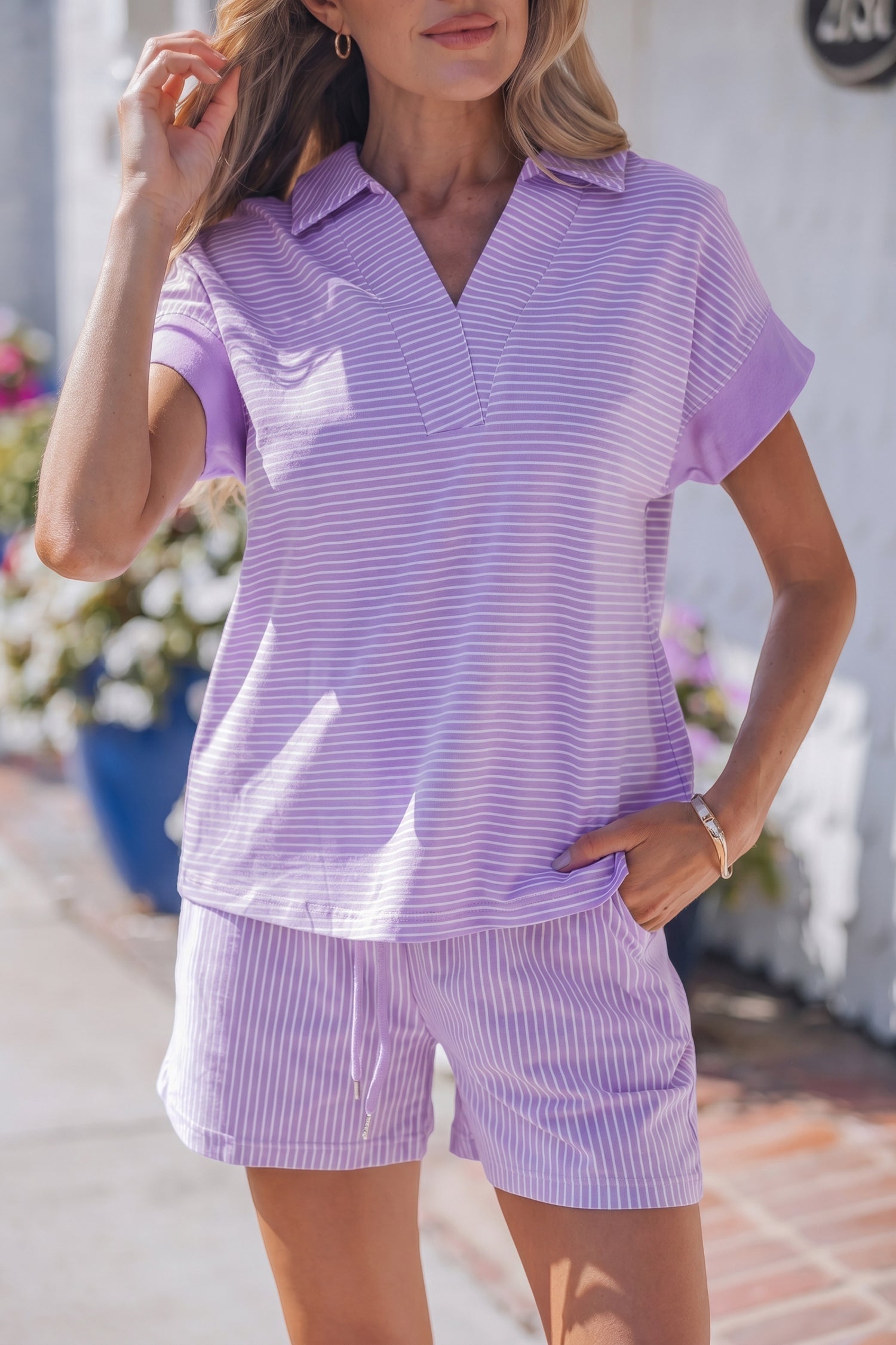Stripe Dolman Sleeve Polo Shirt and Drawcord Shorts Set in Purple