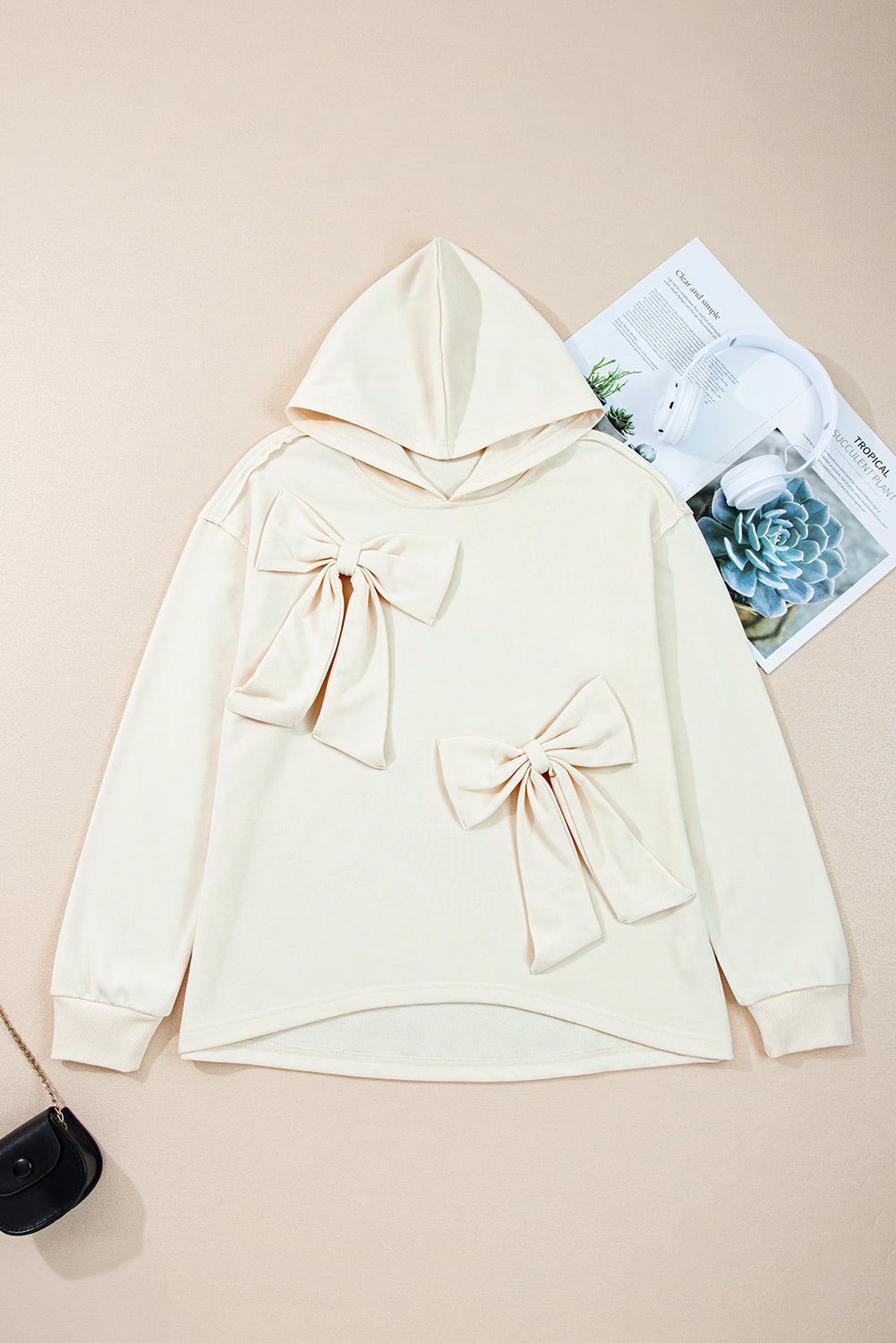 Solid Detail Cute Bow Loose Hoodie