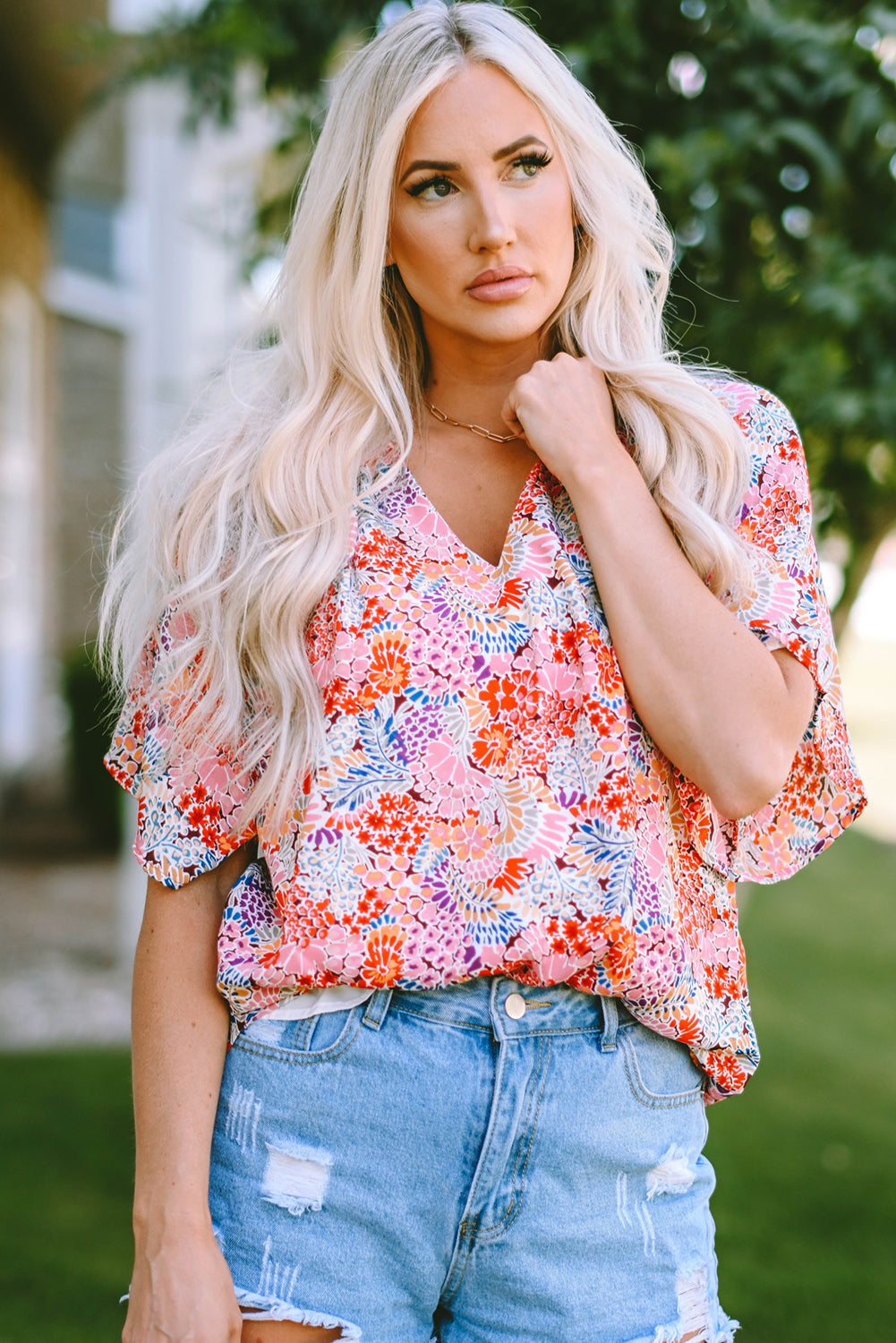 Blouse for Women Gorgeous Floral-Print Notch V Neck