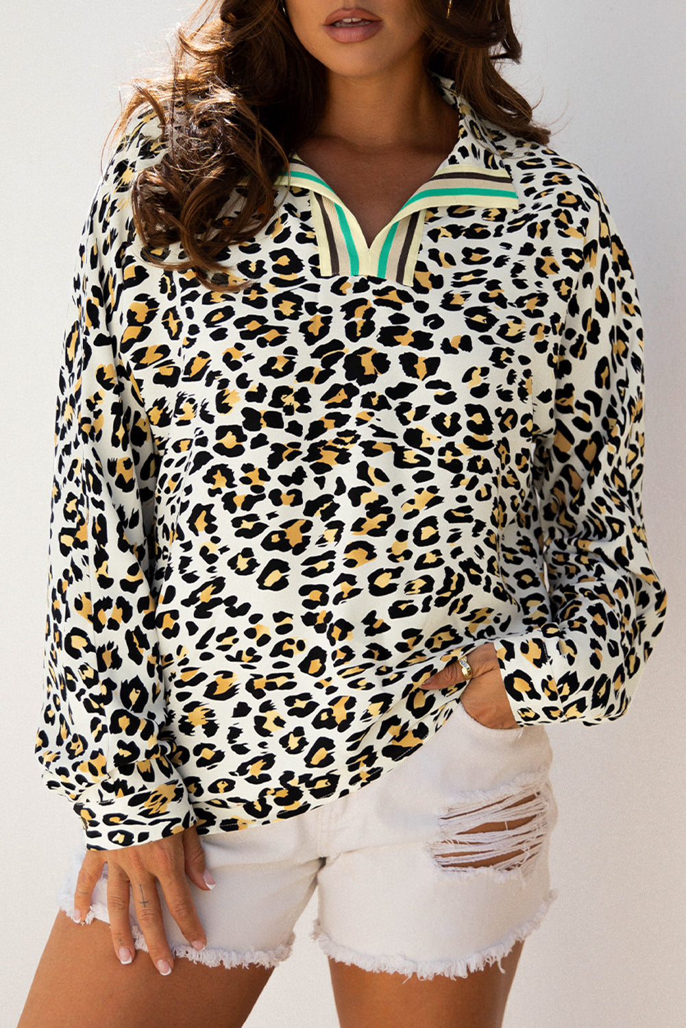 Leopard-Print Contrast Striped V-Neck Blouse
