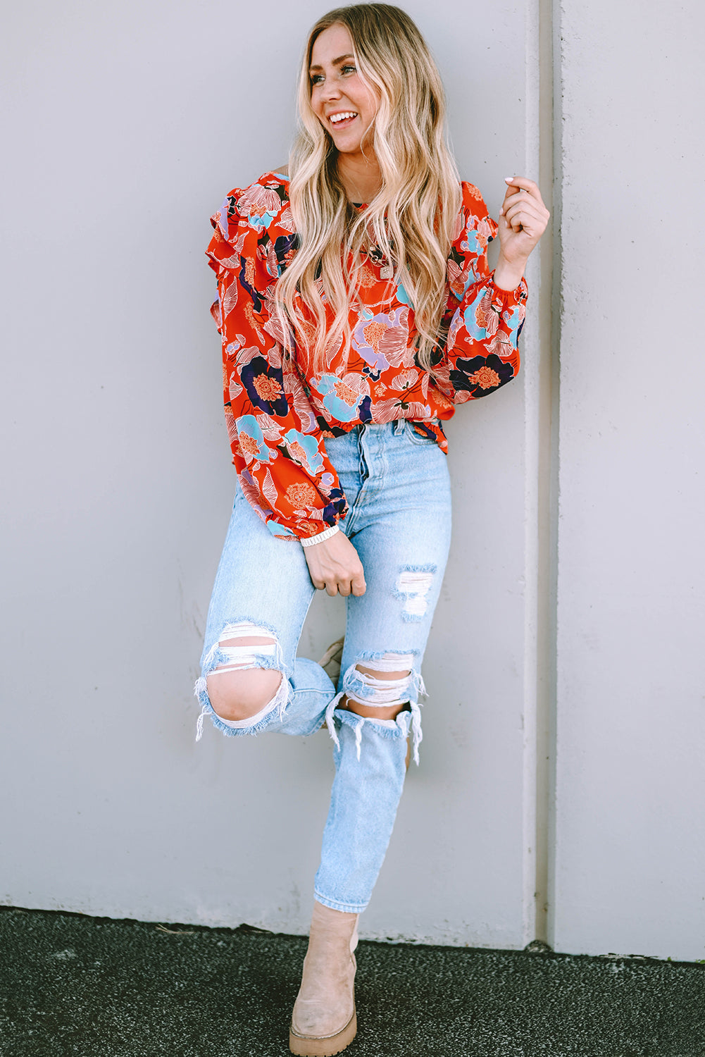 Women's Blouse Featuring Ruffle-Trimmed Balloon Sleeve Floral-Print Print