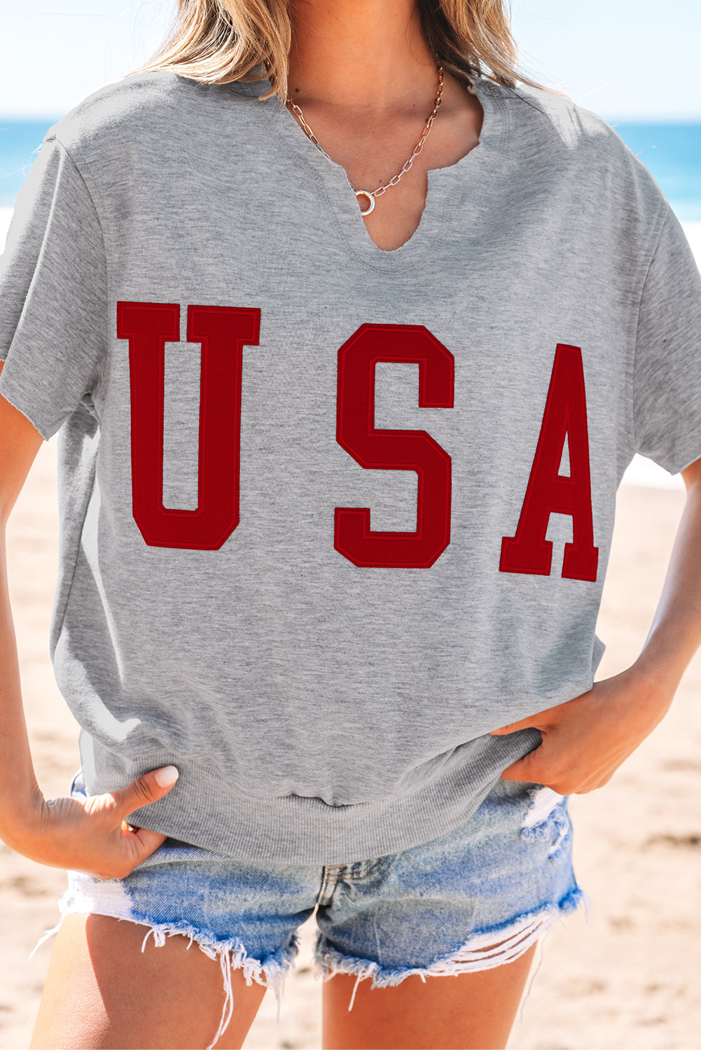 Grey USA Lettering Patch Notched Neck Loose Tee