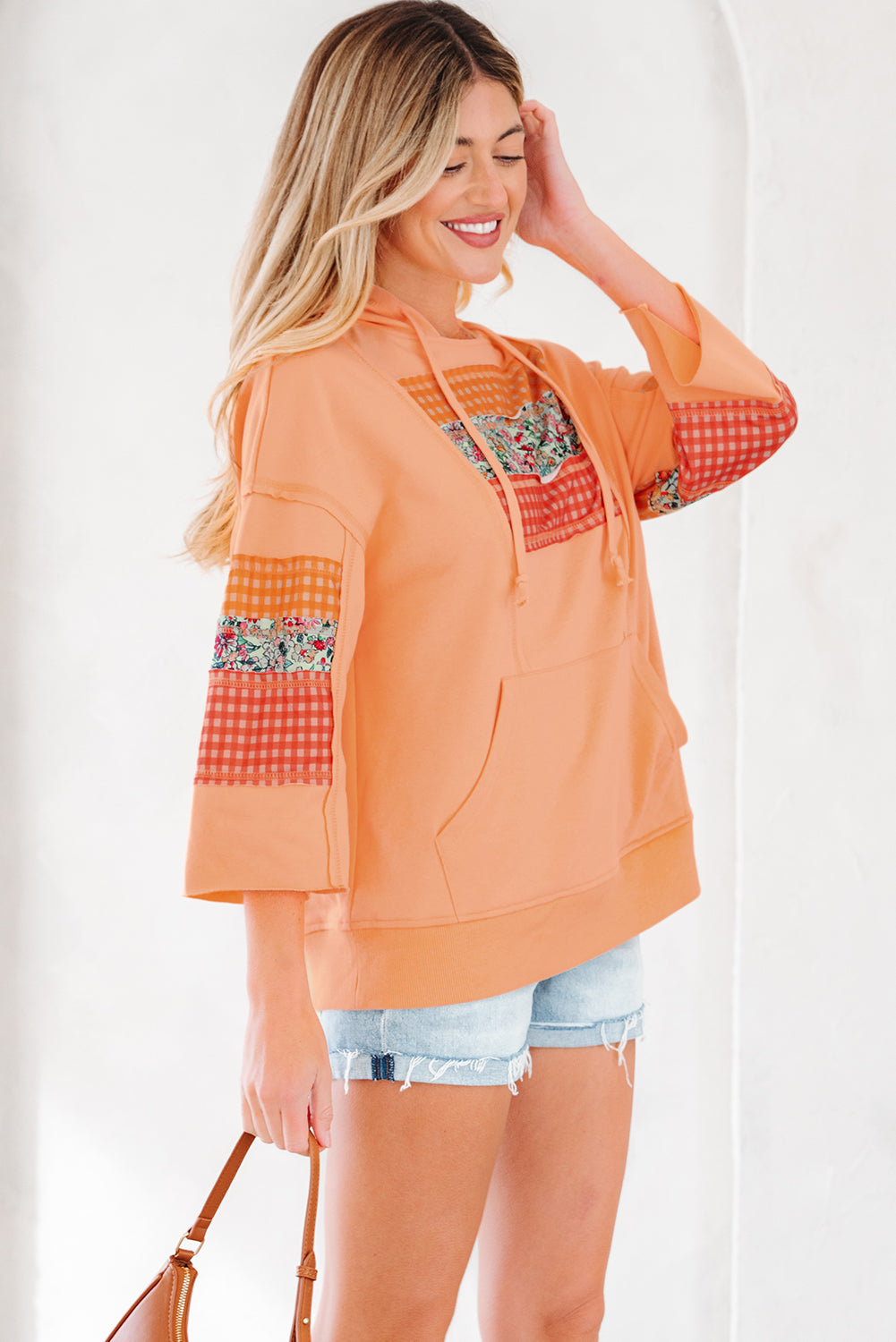 Plaid Floral Patchwork Kangaroo Pocket Hooded Long-Sleeved Top