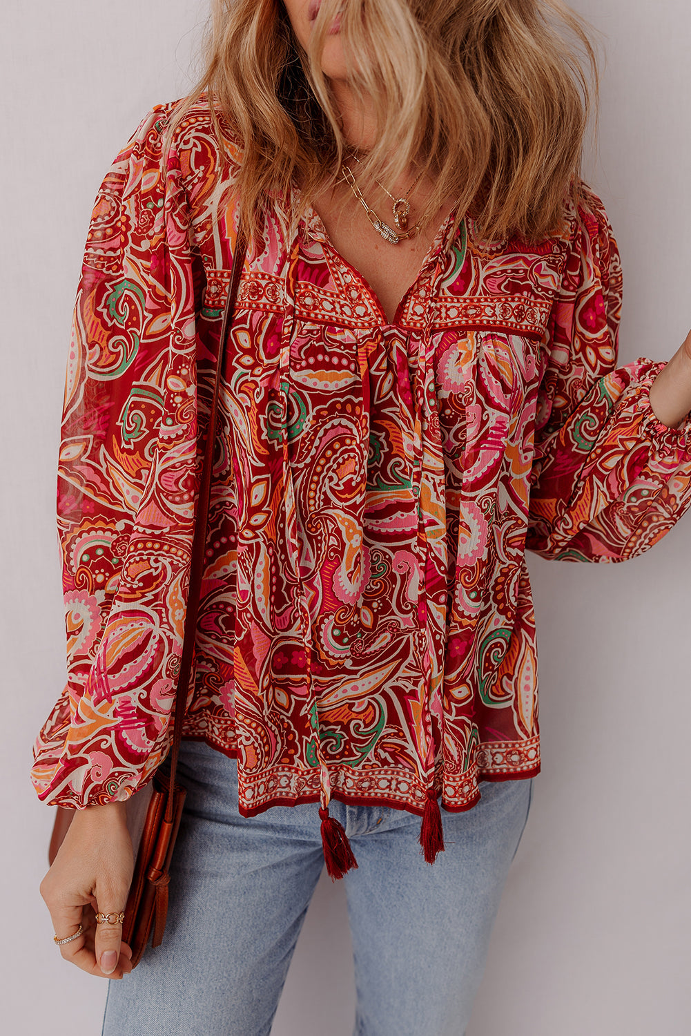 Paisley Print Ethnic Print Tassel Tie Puff Sleeve Boho Blouse