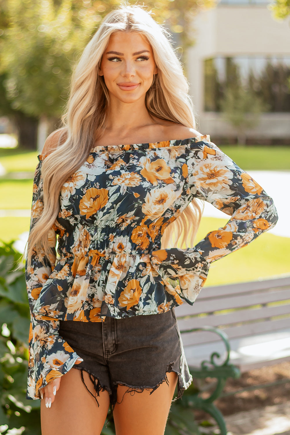 Floral Off Shoulder Bell Sleeve Smocked Peplum Top