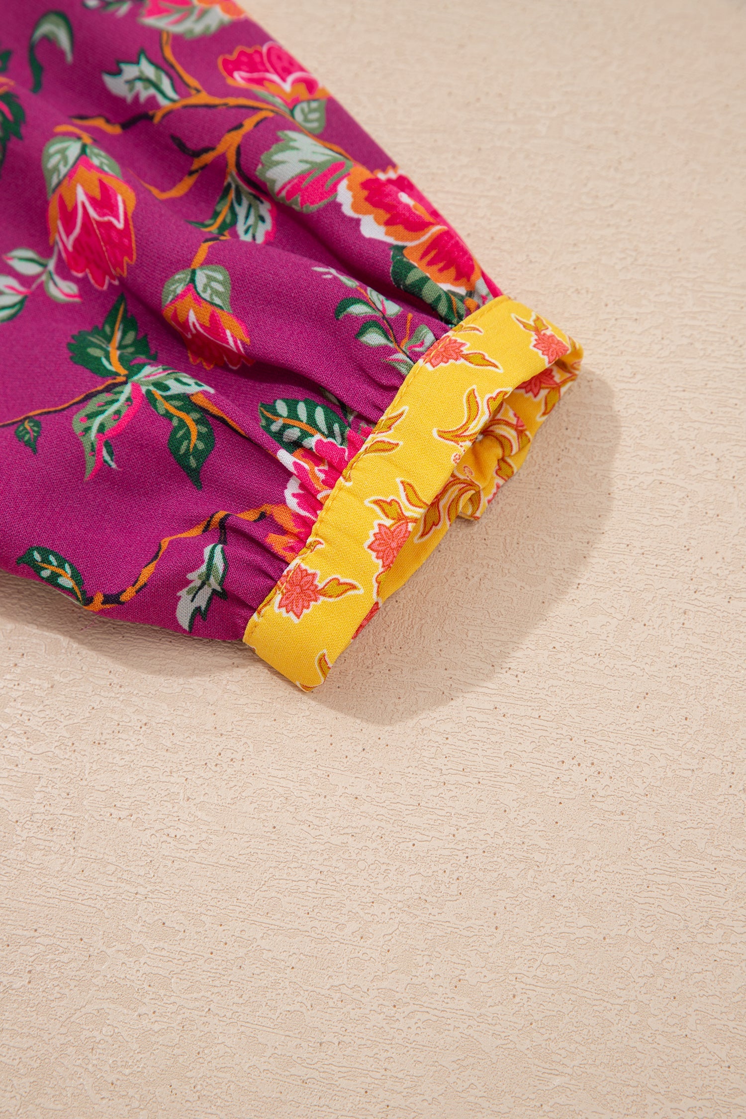 Contrast V-Neck Placket Split Floral Blouse
