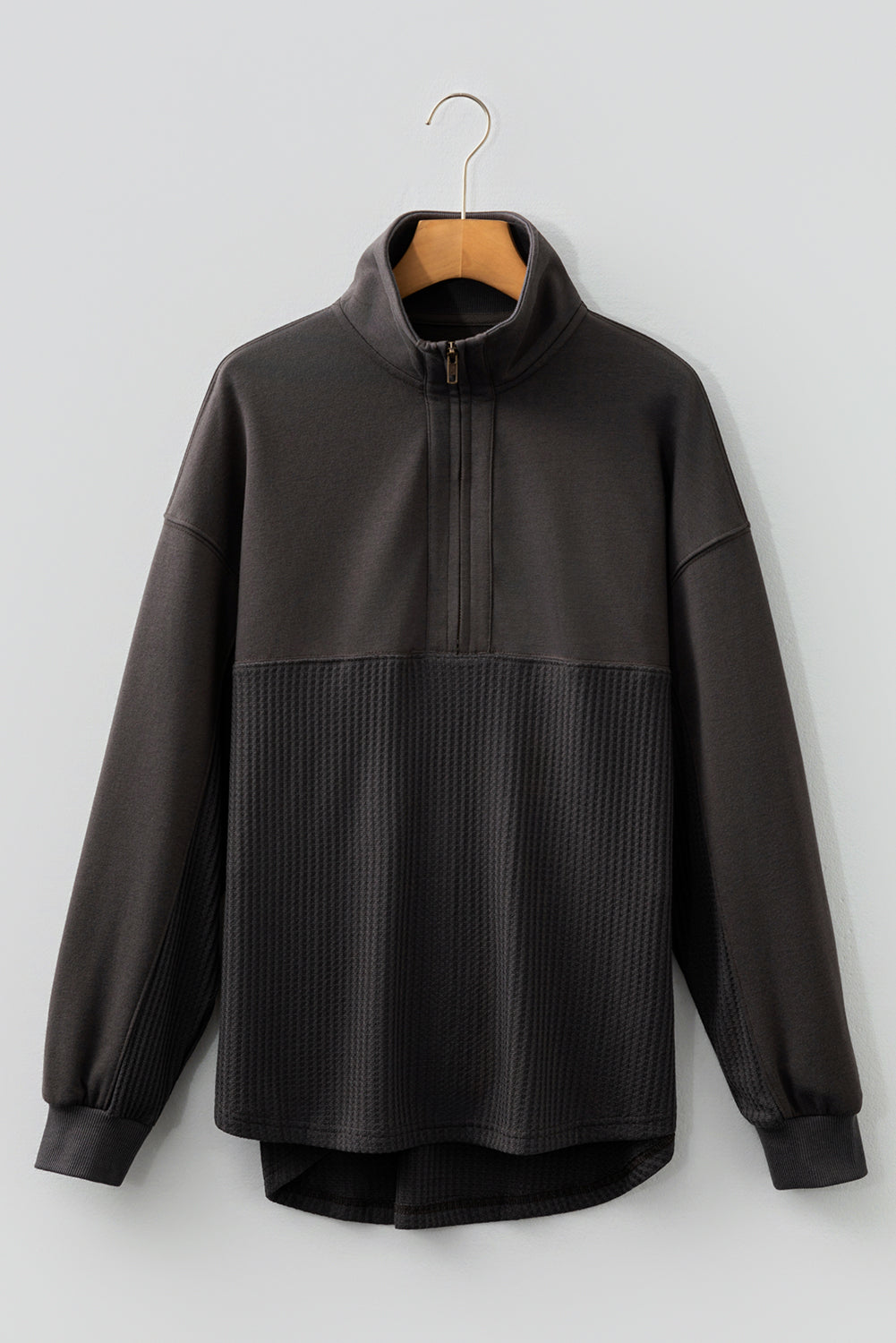 Waffle Half Knit Patchwork Zip Everyday Sweatshirt